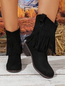 WTKMRSSTEP Women's Fashion Autumn/Winter Vintage Slip-On Mid-Calf Boots, Comfortable Versatile Tassel Boots - Black - View 4