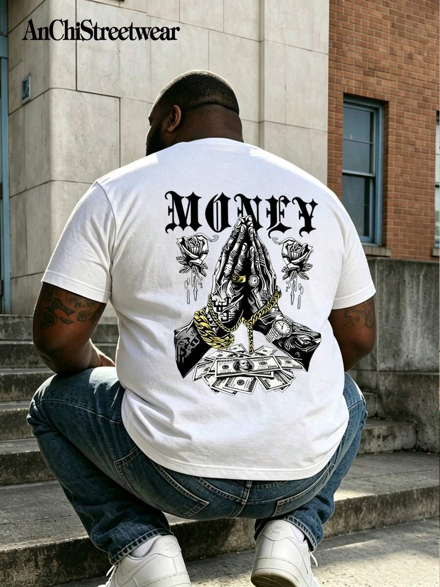 AnChiStreetwear - 大码男士时尚简约硬币印花休闲短袖T恤,适合街头穿搭、户外活动和日常通勤。 - 白色 - 查看 1