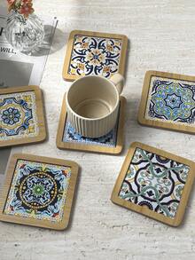 Sicilian Vintage Floral Tile Pattern Thickened MDF Material Embossed High-Definition Printed Square Heat-Insulating Coaster Placemat Suitable For Home Daily Use And Holiday Birthday Gift, Travel Souvenir Gift - Multicolor - View 5