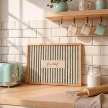 1pc Unframed Green White Vertical Stripe Canvas Wall Art, Yes Chef Red Cursive Text Label Print, Vintage Striped Farmhouse Typography Decor For Kitchen Dining Room Home Wall Gift - A - View 8