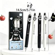 4pcs Funny Black & White Cat Paw Clickable Neutral Pens, INS Style Cute Cat 0.5mm Black Ink Pens, Student Exam Pens, Office Signal, First Day Of School - Black - View 5