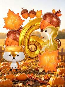Set Of 8 Gold Balloons Featuring Numbers, Foxes, Squirrels, Acorns, And Maple Leaves-Perfect For Birthday Decorations, Woodland-Themed Parties, Fall Harvest Parties, Thanksgiving, Baby Showers, And Autumn Outdoor Picnics. - View 7
