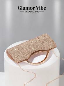 1pc Women's Fashion Vintage Metal Handle Clutch Evening Bag, Luxury Elegant Sparkling Rhinestone Sequin Metal Detail Box Bag With Detachable Metal Chain Crossbody Strap, Suitable For Wedding, Party, Ball, Nightclub, Formal Occasions, Dress Outfit, Gold Wallet - Champagne - View 7