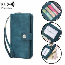 MIYIN RFID 防盜刷蠟皮長款手腕包錢包,按扣拉鍊多卡夾層錢包,多功能文件護照夾附手提帶 - 彩色 - 查看 5
