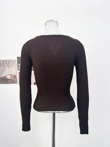 Autumn New Style 2 In 1 Contrast Color Long Sleeve T-Shirt Women's Slimming Waist Knit Top, Versatile Outerwear, Tops, Autumn, Halloween - Brown - View 8