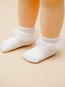 3 Pairs Baby White Ribbed Ruffle Socks, Breathable All-Season Back To School Socks, Princess Style Girly Socks For Girls - White - View 3