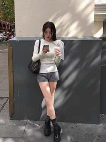 YCYC Autumn/Winter Fashion Elegant Open Shoulder Solid Color Long Sleeve Pullover Top - White - View 5