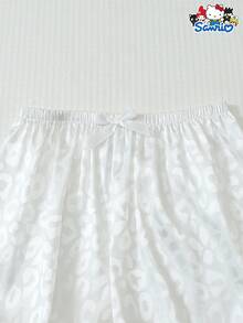 Sanrio Women's Satin Pajama Set, Hello Kitty Leopard Print Long Sleeve Top And Bow Long Pants Set - White - View 6