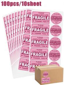 100pcs/10sheets Pink Fragile Stickers, Labeled "Caution" And "Thank You", With Permanent Adhesive, Suitable For Moving, Shipping, Packaging And Other Scenarios. Size 3"X2", School Supplies Category. - Cartoon - View 7