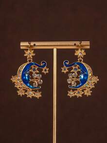 Set Kalung, Bros, dan Anting-Anting Biru Bertatahkan Berlian Imitasi Vintage dengan Motif Matahari, Bulan, dan Bintang, Cocok untuk Pemakaian Sehari-hari, Hadiah, atau Aksesori Tari - subang - View 3