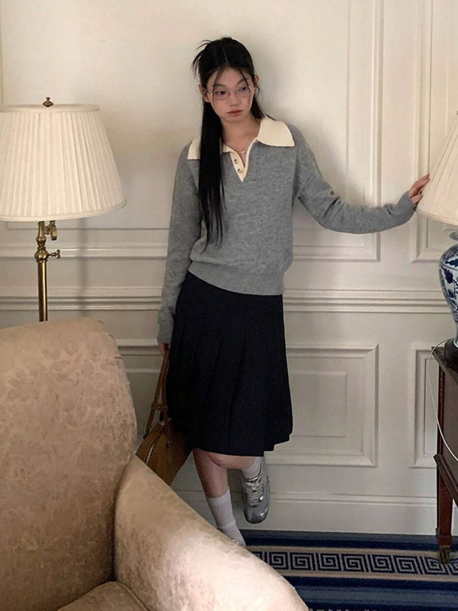 Women's Colorblock Elegant Niche Design Knit Sweater With Turn-Down Collar, Soft Style Base Layer Top, Autumn/Winter - Grey - View 1