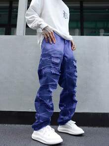 Men's Fashionable Casual Outdoor Ripped Straight Leg Jeans, Purple Leisure Street Jeans, Y2K Style Suitable For Urban Walking, Hanging Out, Outdoor Activities With Family - Dark Wash - View 3