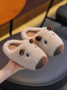 1 Pair Kids Fuzzy Slippers Winter Capybara Design, Suitable For Boys And Girls, New Cute Full-Coverage Baby Plush House Shoes - Beige - View 2