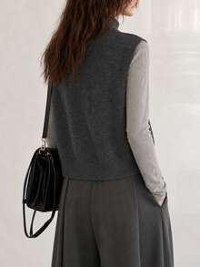 Women's Autumn/Winter Casual Minimalist Retro Double-Sided Double-Knit Sweater Vest Top Fall - Grey - View 2