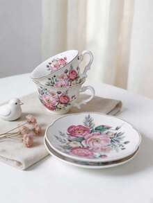 1pc 80ml Mini Espresso Cup With Saucer, Vintage Rose Floral Ceramic Coffee Cup, Korean Ins Style, Gold Rim Design, Suitable For Coffee, Tea, Latte, Home Decor And Gift - White - View 4