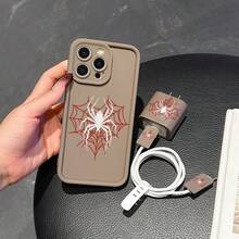 5件組白色蜘蛛手機殼圖案 + 充電頭保護套 + 線材保護套 + 收納繩 TPU 防摔保護殼，適用於 Apple 17 16e 16 15 14 13 12 11 Mini Pro Max Air X XR XSMAX 8 7 Plus，防摔磨砂背殼，智慧型手機保護殼，日常使用殼，時尚手機配件，創意設計，UV 列印設計，時尚保護殼，時尚愛好者，音樂愛好者，生日禮物首選 - 彩色 - 查看 3