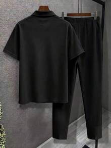 男士大尺碼兩件套，秋季短袖上衣與長褲，男士大尺碼純色T恤套裝 - 黑色 - 查看 3