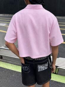 男士夏季休閒純色印花短袖襯衫，度假熱帶海灘風襯衫 - 粉色 - 查看 2
