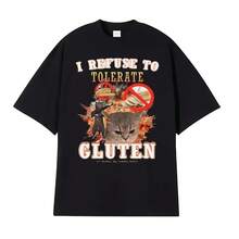 Funny T-Shirts I Refuse To Tolerate Gluten Cat Meme, Women's Clothing, Fashion T-Shirt, Casual Round-Neck T-Shirt, Women's Clothing - Shape - View 1