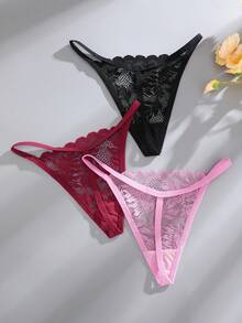 3pcs Plus Size Women's Multi-Color Exquisite Floral Lace Drawstring Ribbon Low Waist Sexy Thong Panties, Plus Size Women's Underwear 0XL-4XL - Multicolor - View 5