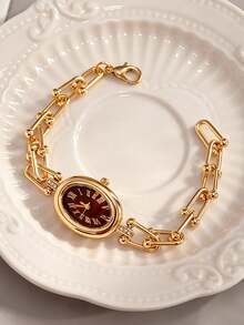 1pc Women's Bracelet Watch, Luxury Oval Roman Numeral Dial, Embedded Diamond Crystal, Water Ripple Design, Alloy Quartz Watch, Gift For Girlfriend - Gold - View 4