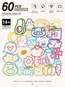 60 buah Stiker Doodle Warna-warni untuk Dewasa, Remaja, Pecinta Stiker, Elemen Kartun Kecil, Dekoratif untuk Buku Catatan, Tablet, Scrapbook, Buku Harian, DIY, Skateboard, Gitar, Helm, Gelas Air, Kotak Penyimpanan, Stiker Tahan Air - Gambar coretan berwarna-warni - View 8