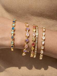 S SHOPBOHO 1pc Stainless Steel White Rectangular Cubic Zirconia Round Rhinestone Luxury Jewelry Bracelet For Women, 18K Gold Plated, Stackable Gemstone Bracelet - Bracelet - View 2