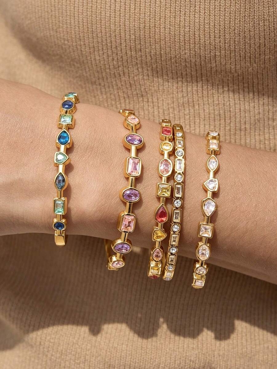 S SHOPBOHO 1pc Stainless Steel White Rectangular Cubic Zirconia Round Rhinestone Luxury Jewelry Bracelet For Women, 18K Gold Plated, Stackable Gemstone Bracelet