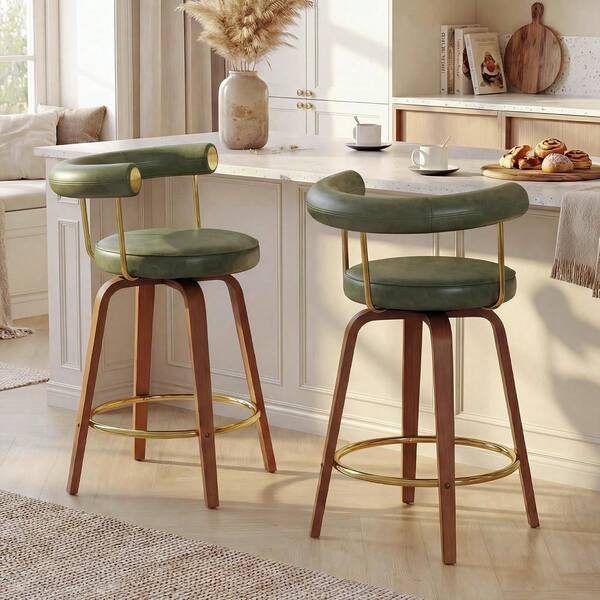 26 Inch Counter Height Swivel Bar Stools Faux Leather Barstool With Back Upholstered Mid Century Modern Bar Chairs Bent Wood Legs Golden Footrest Kitchen Island Dining Room Green 2 Pack