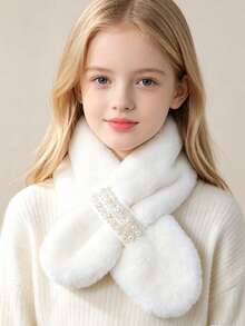 Faux Rabbit Fur Pearl Cross Plush Scarf Neck Warmer - Warm Girls Neck Warmer Pearl Cross Plush Scarf Girls Faux Fur Neck Warmer Autumn/Winter Thickened Warm Versatile Faux Rabbit Fur Scarf - Multicolor - View 4