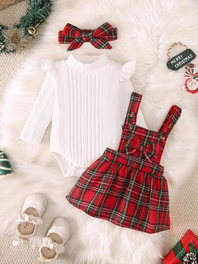 BrownBark 3pcs/Set, Baby Girl Autumn Cute Elegant Christmas Plaid Pinafore Dress Set, White Ribbed Flutter Sleeve Mid-Neck Long Sleeve Bodysuit, Red & Green Classic Plaid Pinafore Skirt, Matching Plaid Bow Headband