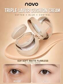 NOVO 3‑Layer All‑In‑One Cushion Cream, Foundation Concealer & Setting Powder Integrated, Even Skin Tone, Waterproof Sweat‑Resistant, For Beginners Summer Daily Travel Quick Makeup - 02#Soft Mist Flawless Skin - View 1