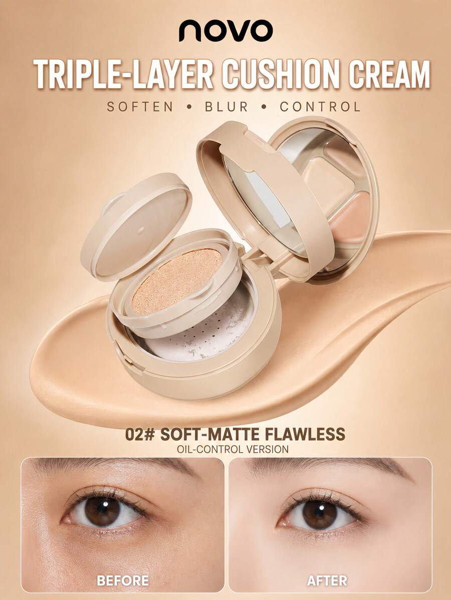 NOVO 3‑Layer All‑In‑One Cushion Cream, Foundation Concealer & Setting Powder Integrated, Even Skin Tone, Waterproof Sweat‑Resistant, For Beginners Summer Daily Travel Quick Makeup - 02#Soft Mist Flawless Skin - View 1