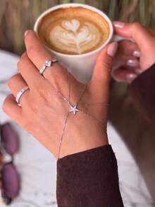 rundraw 3pcs Ring & Finger Bracelet Set, Silver Copper Inlaid CZ Star Element Fashion Bracelet & Ring, Party, Ball, Daily Wear, Gift - Multicolor - View 2