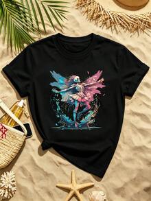 Fairy Skeleton Graphic T-Shirt, High Quality Fabric, Comfortable Fit, Hip-Hop Street Style, Graphic Design. - Black - View 2