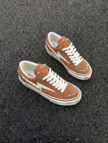 1 Pair Pearl Style Wear-Resistant Unisex Flat Shoes, High-End Distressed Low-Top Outdoor Sports Skateboard Canvas Shoes - Brown - View 3