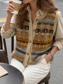 Cardigan Rompi Rajut Blok Warna Motif Vintage Musim Gugur/Dingin Wanita, Atasan Sweater Kancing Leher Bulat, Gaya Kasual Serbaguna - Jeruk - View 4