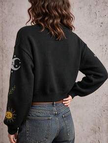 女款休閒波希米亞風刺繡黑色針織開襟衫，V領長袖前扣式開襟衫，適合秋冬穿著 - 黑色 - 查看 2