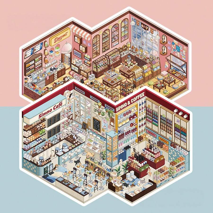 Xinmo 3D Miniature Landscape Stickers: Cozy Cafe, Cocoa Shop Or Vintage Snack Stall Scenes, No-Cut Immersive Miniature Landscape Stickers, Suitable For DIY Planner