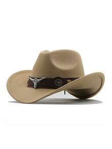 1pc Pure Black Faux Wool Western Cowboy Hat With Dark Brown Leather Hat Band, Decorated With Silver Bull Head Badge And Vintage Metal Round Buckle, Black And Brown Contrast Cool Style, Shapeable Wide Brim, Outdoor Travel Photography Western Style Versatile Sun Protection Hat, Unisex - Top Hat - View 10