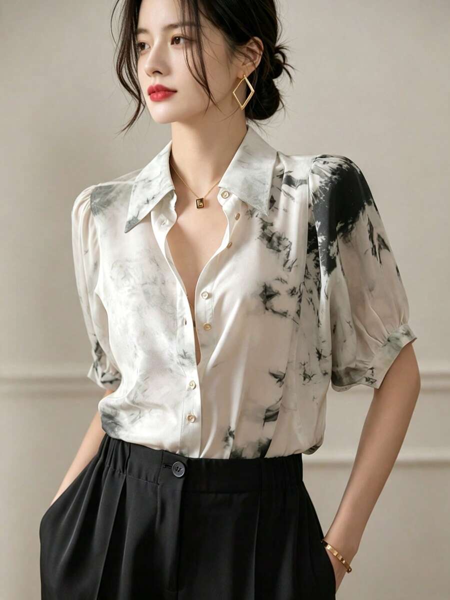 YUXIN 女款夏季水墨印花襯衫，復古優雅翻領泡泡袖寬鬆休閒通勤上衣