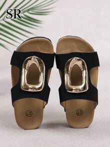 Girls Hollow Metal Buckle Decor Fashion Slippers, Black Classic Versatile Sandals, Daily And Beach Vacation Shoes, 1 Pair - Black - View 7