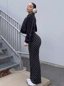 Women's Polka Dot High Waist Flare Yoga Pants, Tummy Control Butt Lifting High Elastic Breathable Soft Lightweight Fitness Casual Long Pants - Black and White - View 3