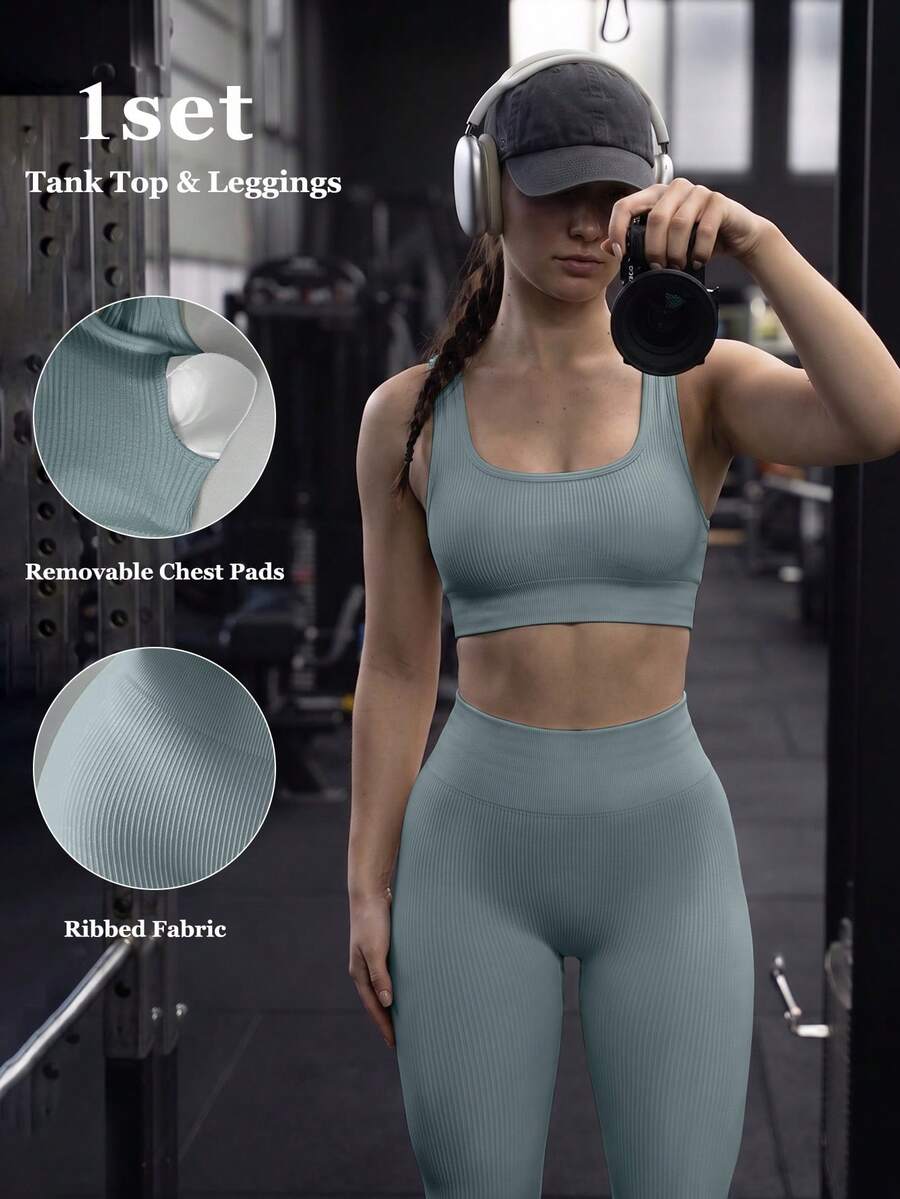 2pcs Women's Tank Top & Leggings Set, Seamless Breathable, Soft & Comfortable, Suitable For Daily, Outdoor, Sports & Fitness, Gym Workout Set - Dusty Blue - View 1
