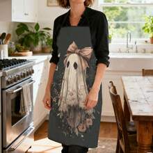 1pc Halloween Lace Ghost Print Apron, Featuring Bow Ghost, Withered Leaf, Bat, Spider Web Patterns, Durable Cooking Apron Suitable For Bakers, Cake Decorators, BBQ Enthusiasts, Gardeners, Painters, Nail Artists - Perfect Gift For Home And Professional Chefs - Multicolor - View 8