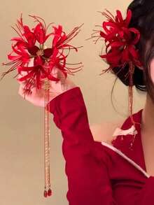1pc Retro Palace Style Cosmos Flower Long Tassel Faux Hair Clip, Suitable For Women's Daily, Date, Party Wear, Ideal Gift For Loved Ones - Red - View 5