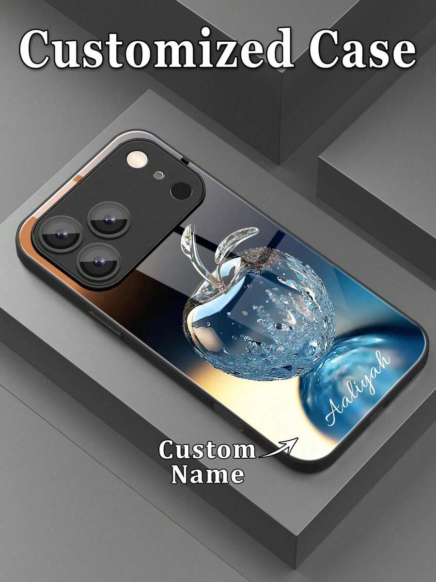 1pc Customizable Name, High-Definition Glass Phone Case With Apple Pattern, Suitable For Samsung S26 Ultra/S25 Ultra Series And Apple 17 Pro Max/17 Air/16 Pro Max/15/14 Plus/13 Pro Phone Accessories - Black - View 1