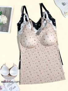 3pcs Seamless Ditsy Floral Camisole Tank Tops For Women Plus Size, Elastic Comfortable With Padded Cups, Innerwear And Outerwear - Multicolor - View 3