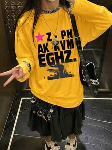 Street Style Lazy Casual Women's T-Shirt, Unique Letter Print Design, Autumn Long Sleeve Crew Neck Top - Yellow - View 1