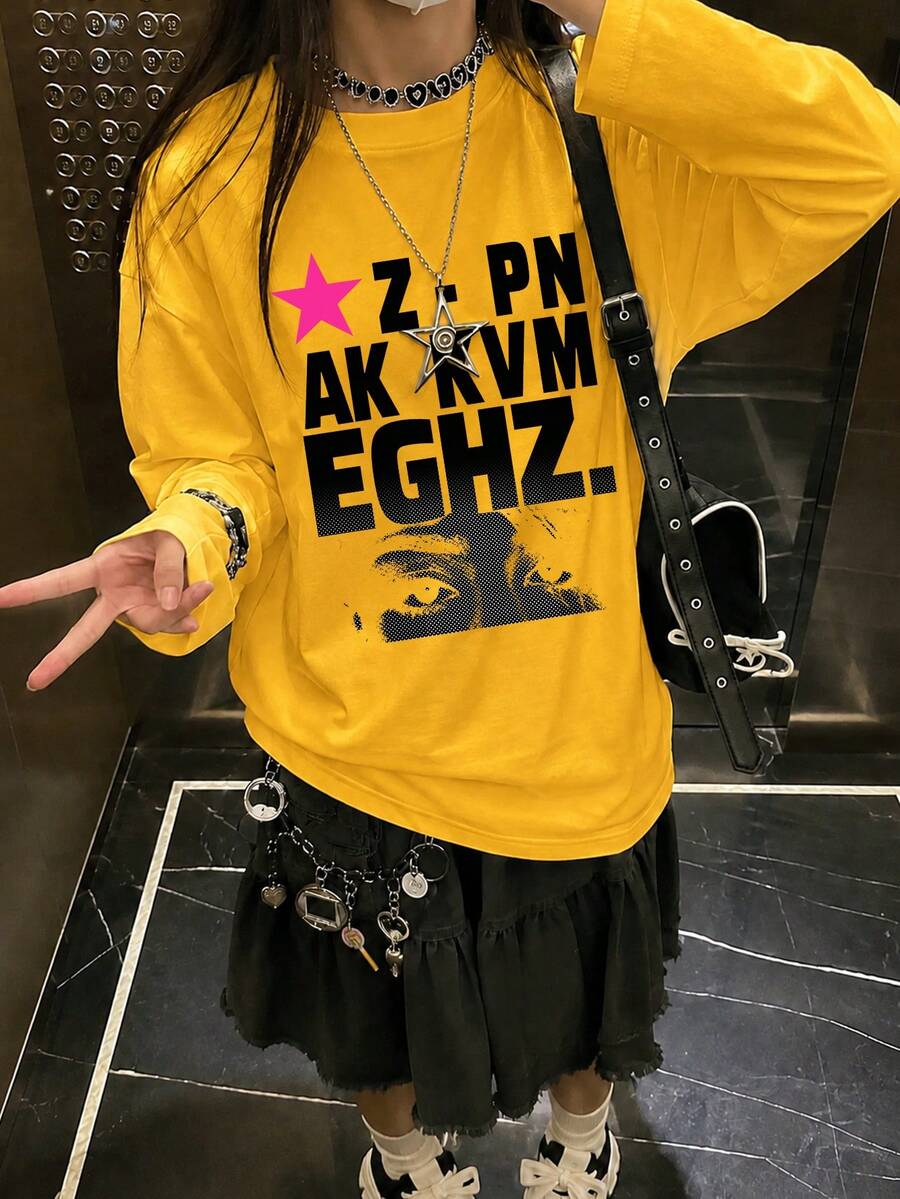 Street Style Lazy Casual Women's T-Shirt, Unique Letter Print Design, Autumn Long Sleeve Crew Neck Top - Yellow - View 1